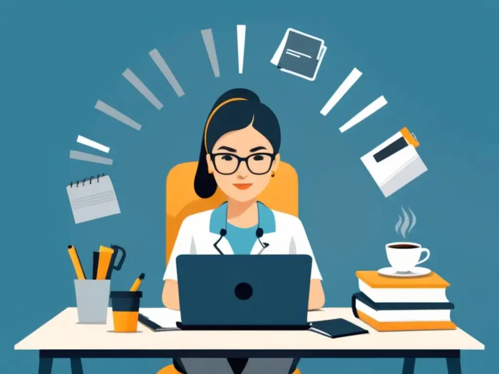 Un tutor en su escritorio con herramientas de trabajo, destacando la importancia del tutor en elearning