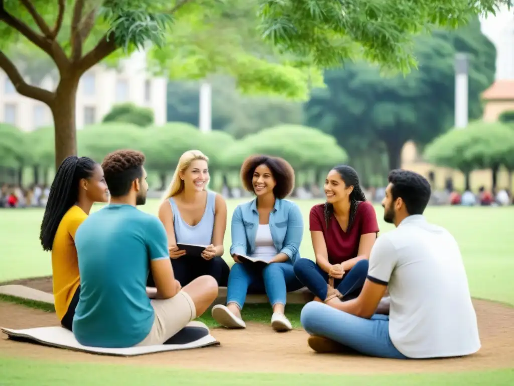 Tutoría para estudiantes universitarios en Uruguay: Grupo diverso de estudiantes atentos en sesión al aire libre en campus universitario