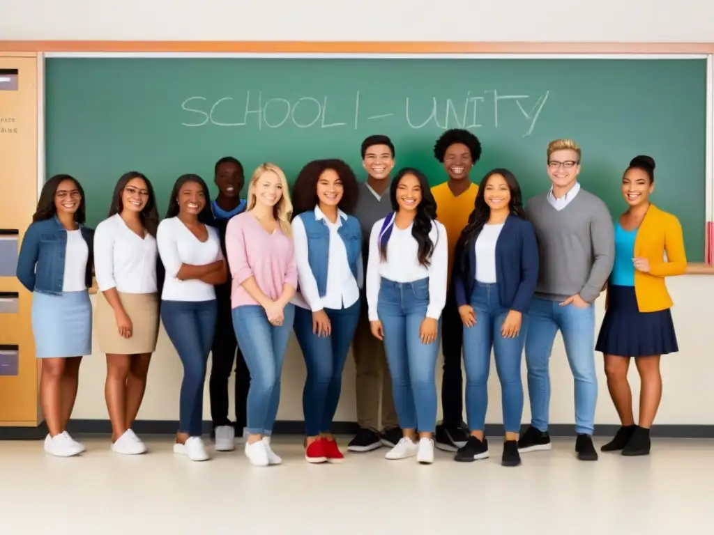 Unidad y diversidad en la escuela: estudiantes de distintas razas y géneros sonriendo juntos en un ambiente inclusivo