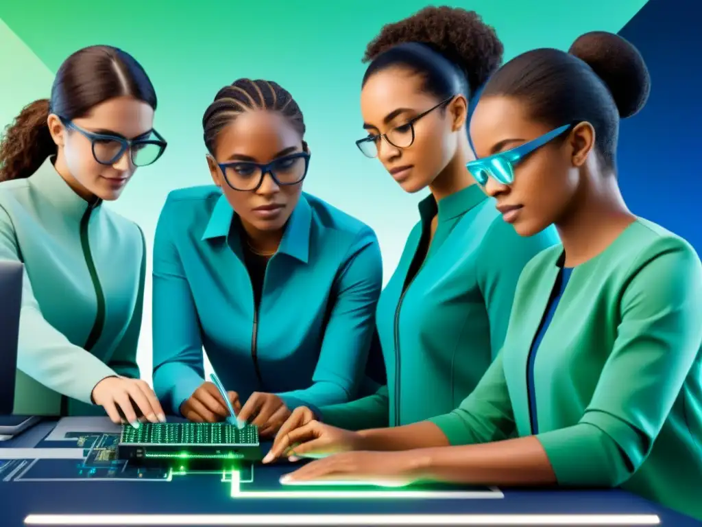 Unidas en STEM: mujeres diversas colaboran en un entorno virtual high-tech, representando apoyo y empoderamiento