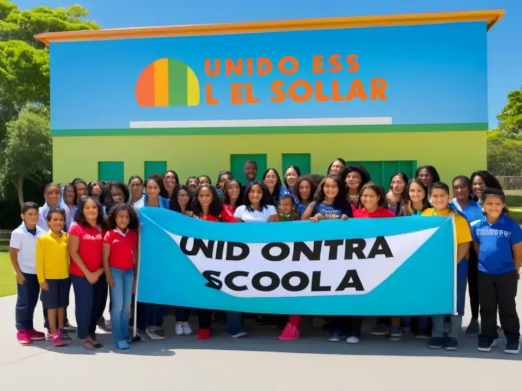 Unidos contra el acoso escolar: estudiantes sonrientes de diversas edades y etnias frente a la escuela