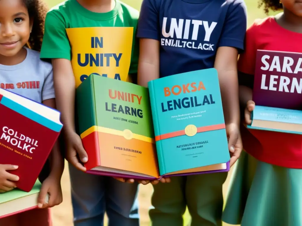 Unidos en la diversidad: manos de niños sostienen libros coloridos en español e inglés, reflejando programas bilingües en educación en Uruguay