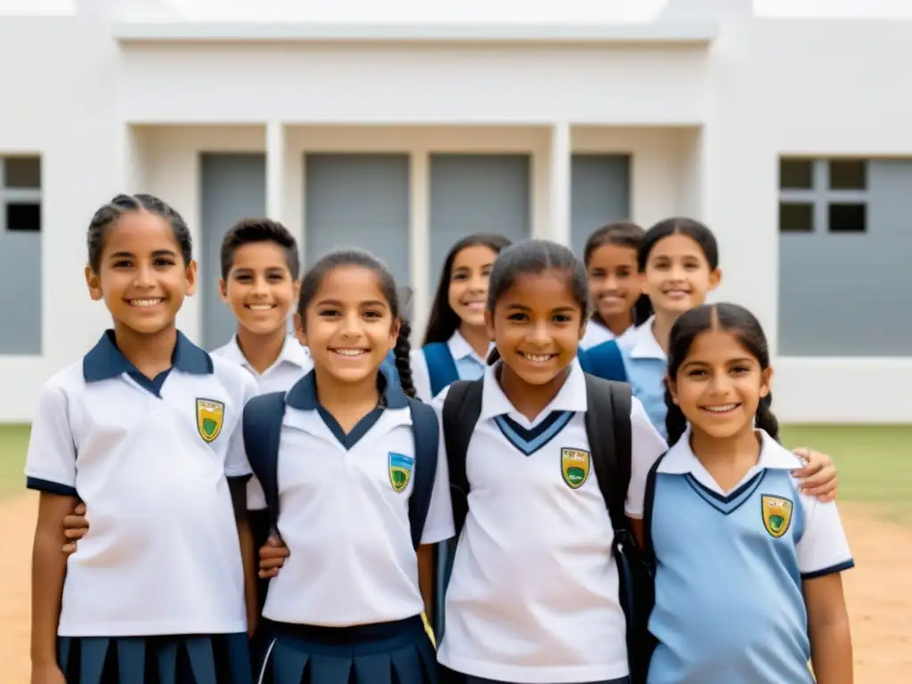 Unidos en diversidad: niños uruguayos de diferentes culturas y razas, sonriendo frente a la escuela