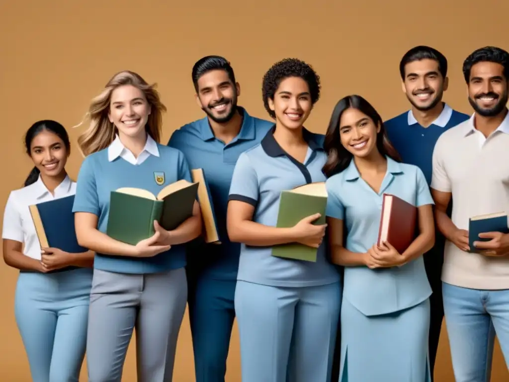 Estudiantes uruguayos unidos por la educación: ilustración minimalista Unidos por la equidad educativa: estudiantes de Uruguay con libros, representando la cooperación internacional