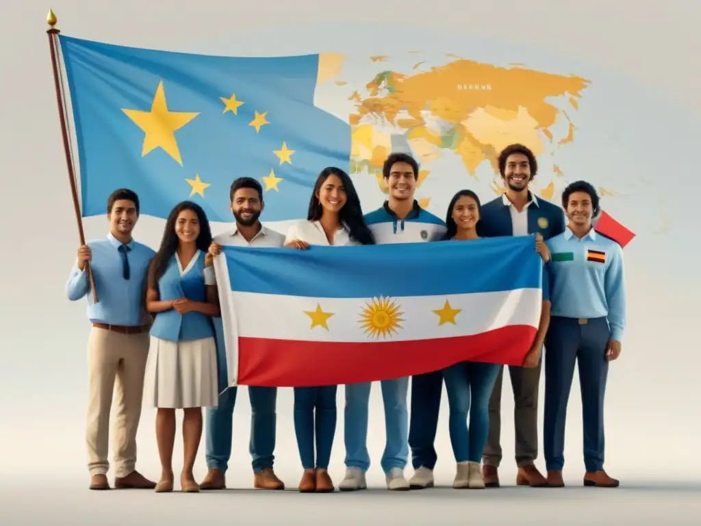Estudiantes uruguayos unidos por la diversidad global Unidos por la equidad educativa: estudiantes de Uruguay con banderas del mundo en un mapa