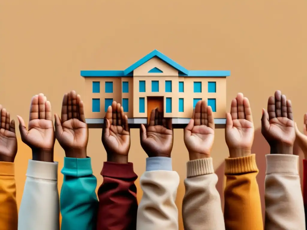 Unión de manos diversas por la equidad educativa Unidos en equidad educativa: manos diversas sostienen símbolo de escuela, reflejando cooperación y unidad