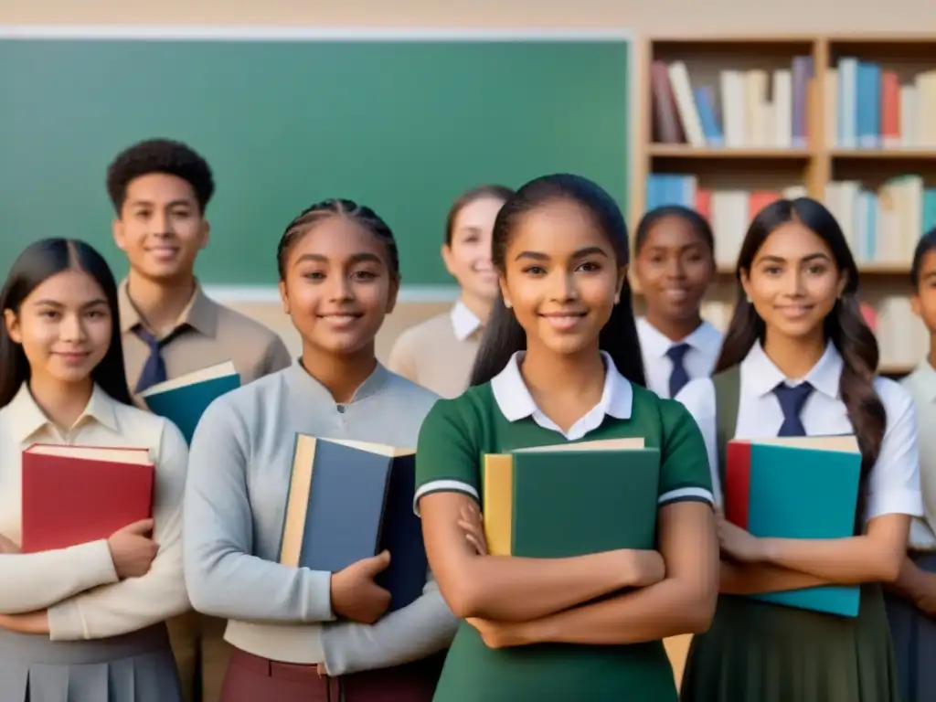 Unidos en armonía: estudiantes diversos con libros, simbolizando inclusión educativa internacional en Uruguay