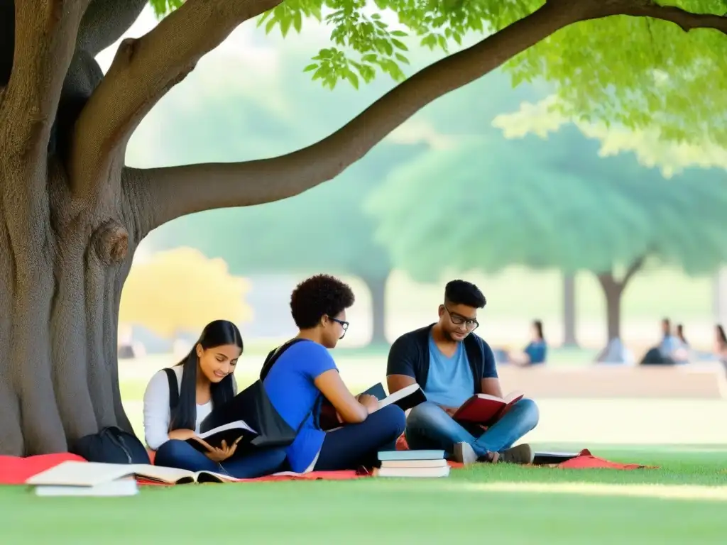 Estudio en comunidad bajo árbol universitario Unidos en estudio bajo un árbol, un grupo diverso de estudiantes universitarios muestra colaboración y concentración