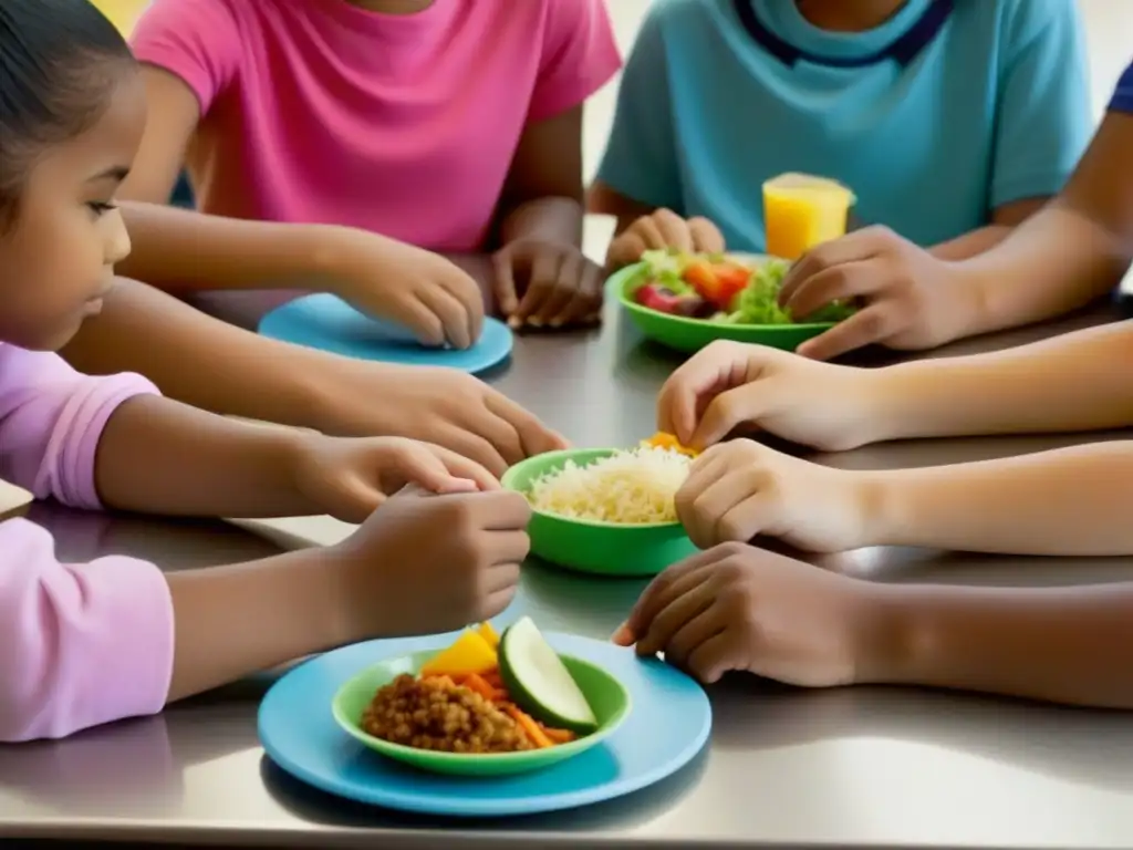 Unidos por la importancia de programas alimentación escolar: niños de diferentes edades y etnias comparten coloridas comidas en la cafetería escolar