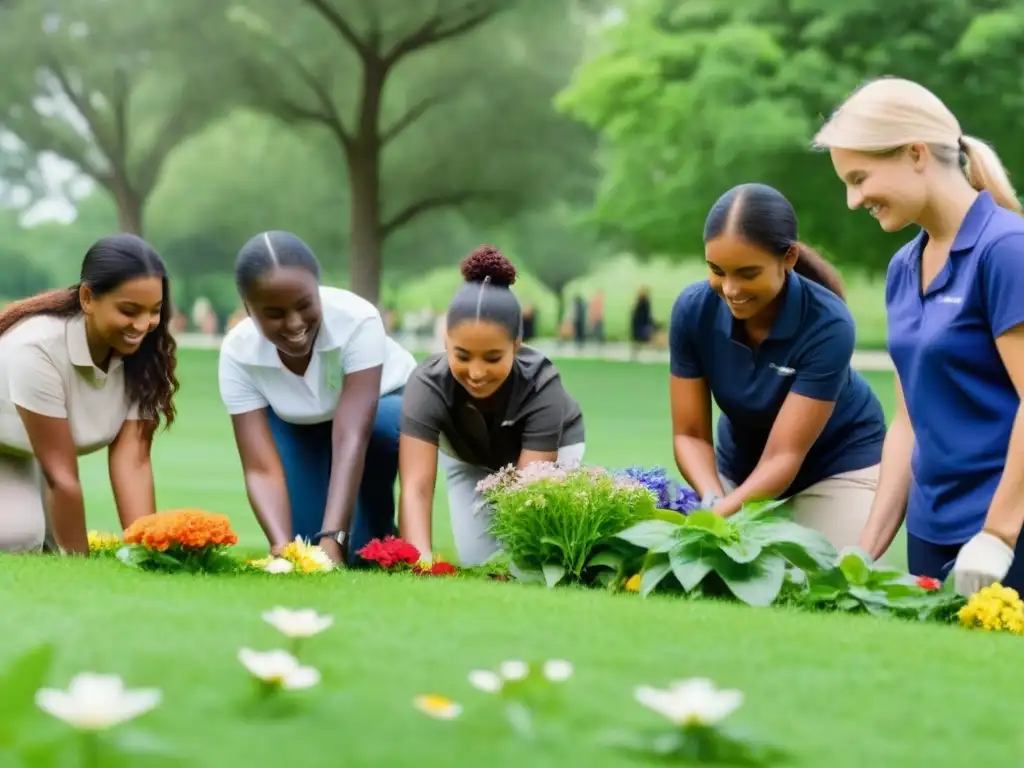 Unidos en armonía, personas de distintas edades y orígenes colaboran en un proyecto comunitario en un parque verde y florido