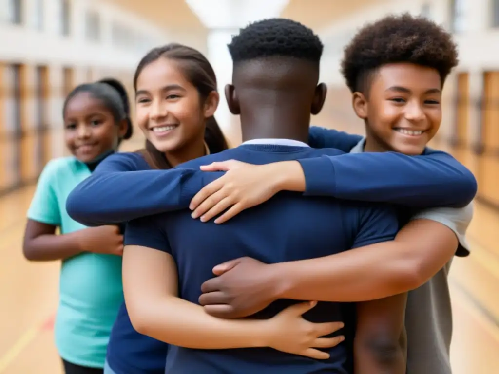 Unidos en la prevención del bullying en Uruguay: estudiantes diversos abrazándose en solidaridad en el pasillo de la escuela