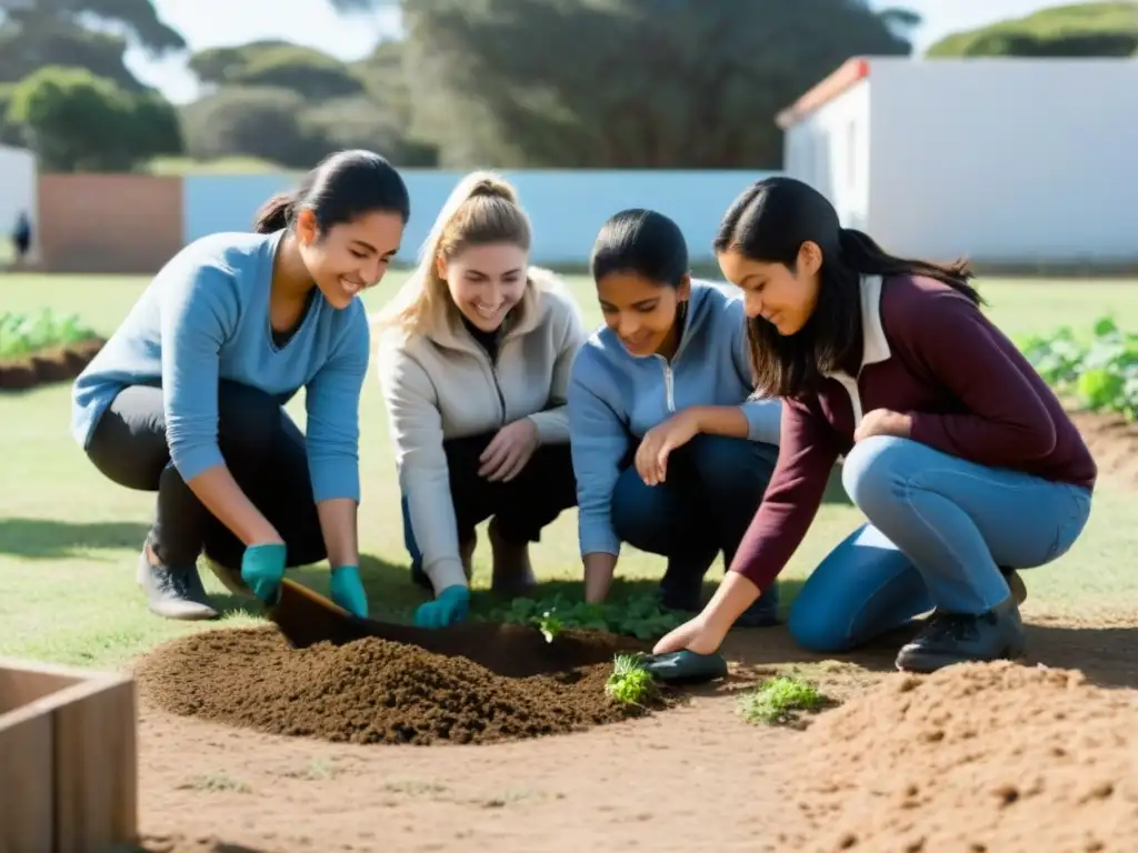 Unidos en un proyecto de aprendizaje servicio en Uruguay, con luz suave realzando la concentración y colaboración del grupo