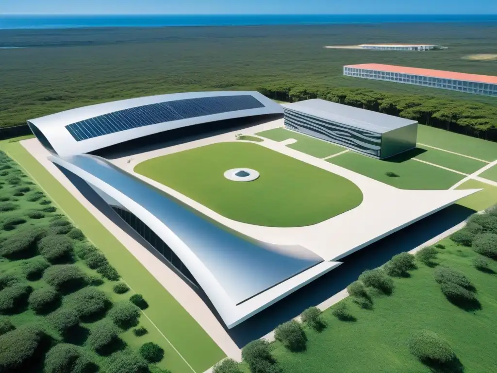 Universidad futurista en Uruguay, ciencia y tecnología, arquitectura moderna entre naturaleza exuberante bajo cielo azul
