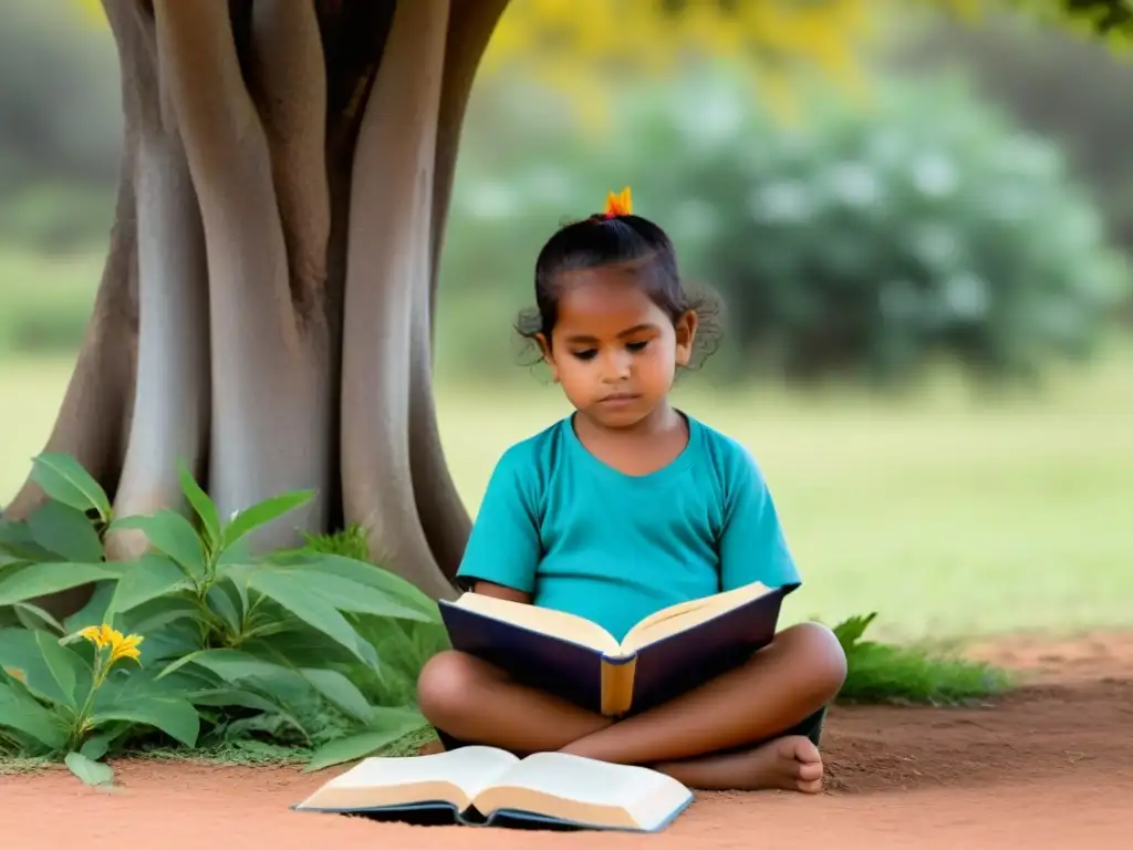 Niño indígena uruguayo leyendo bajo un árbol, rodeado de naturaleza exuberante y flores nativas coloridas