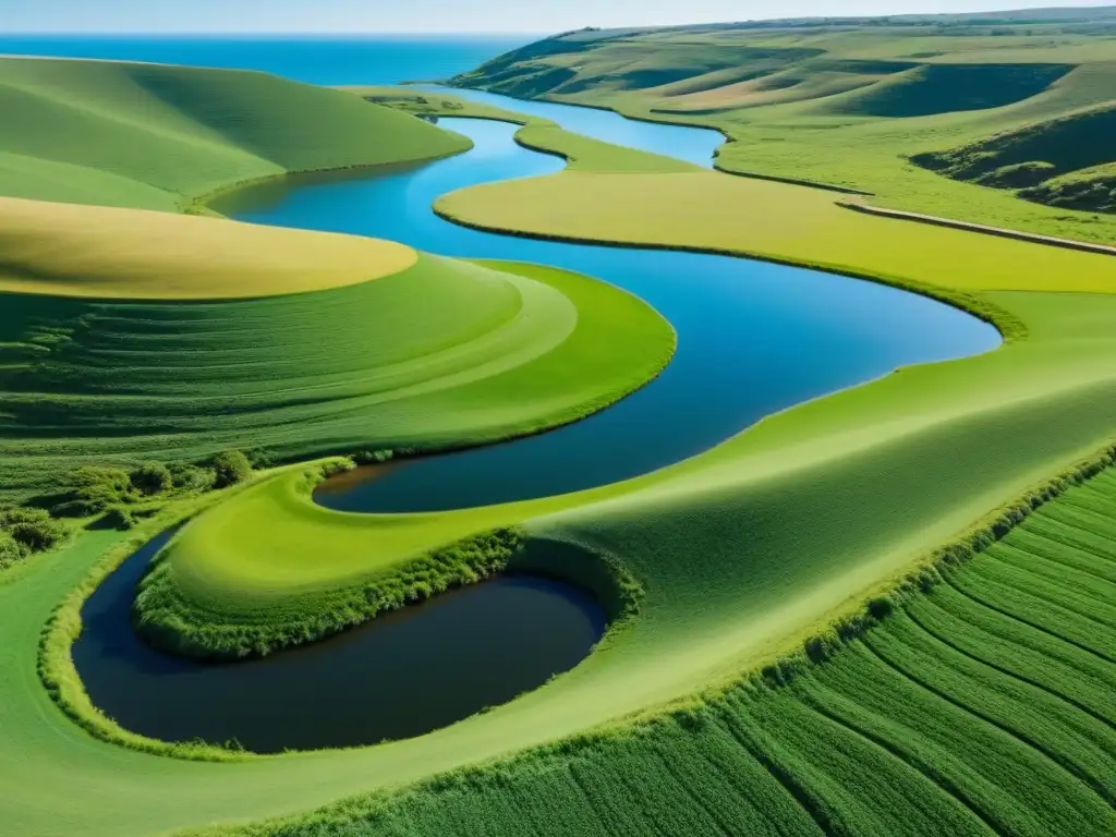 Verde exuberante en Uruguay: colinas, río tranquilo y cielo azul