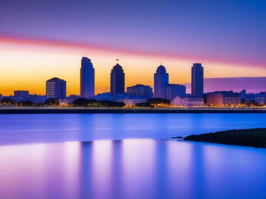 Vibrante atardecer en Montevideo con Palacio Salvo y Torre Antel iluminados, reflejándose en el río