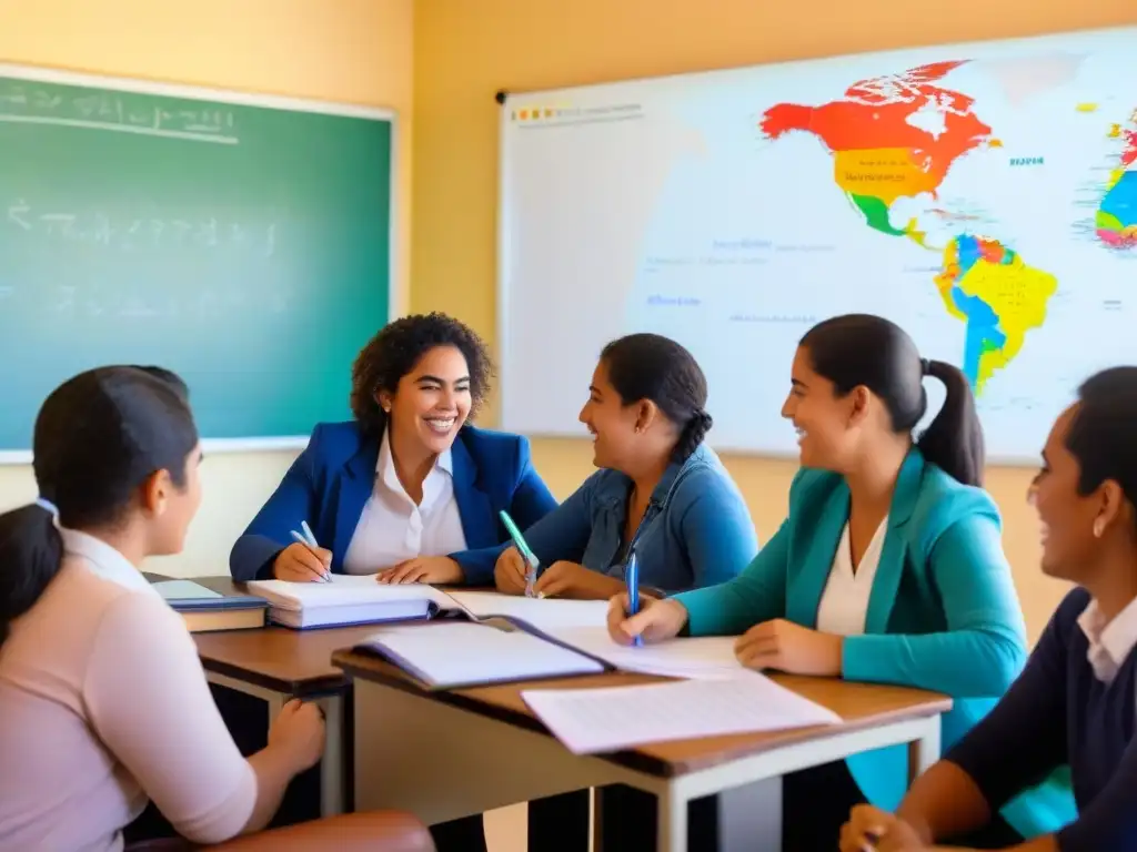 Vibrante aula en Uruguay con alumnos diversos y profesora, libros y tablets, pizarrón y mapas, luz brillante