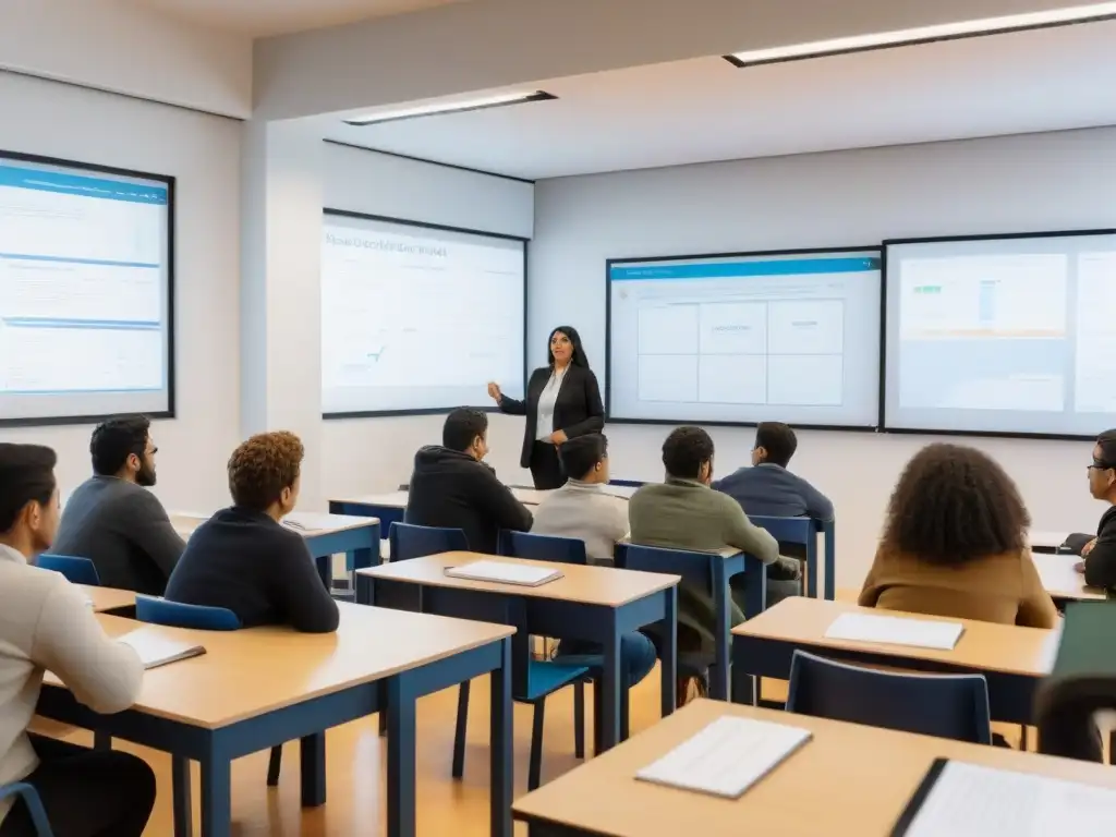 Vibrante aula en Uruguay con alumnos diversos inmersos en discusión educativa