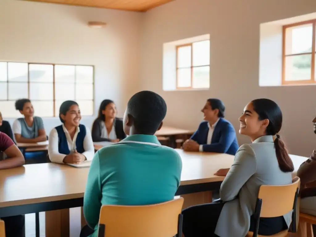 Vibrante aula en Uruguay: estudiantes diversos interactúan en animada discusión, impacto social educación Uruguay