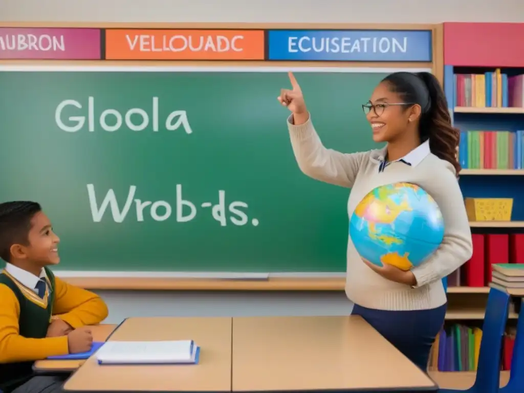 Vibrante aula bilingüe, estudiantes participan, maestro señala pizarra con vocabulario, globo terráqueo de fondo