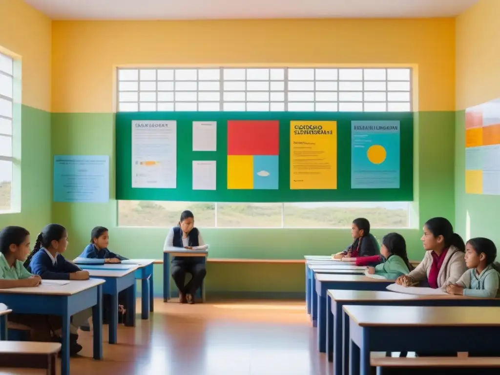 Vibrante aula bilingüe en Uruguay con estudiantes de diversas edades, inmersos en una actividad de aprendizaje