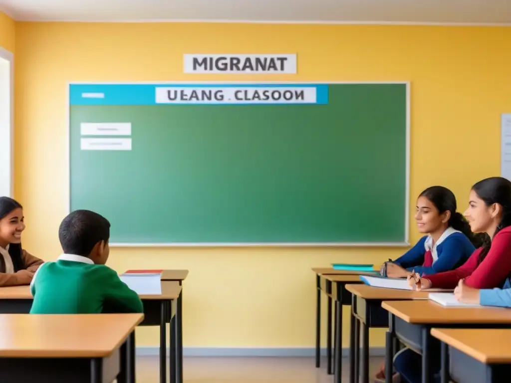 Vibrante aula bilingüe para migrantes en Uruguay con estudiantes diversos participando activamente en actividades educativas