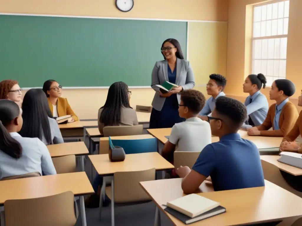 Vibrante aula con diversidad de estudiantes y profesores discutiendo, reflejando la reforma educativa en Uruguay 2021