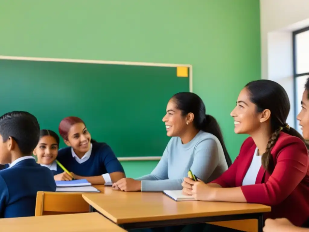 Vibrante aula en Uruguay post-reformas educativas, con estudiantes diversos participando activamente