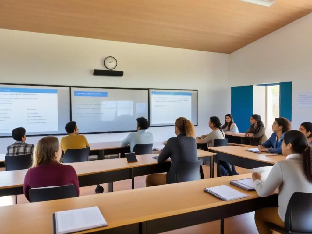 Vibrante aula en Uruguay para enseñanza de Derechos Humanos, con estudiantes diversos participando activamente