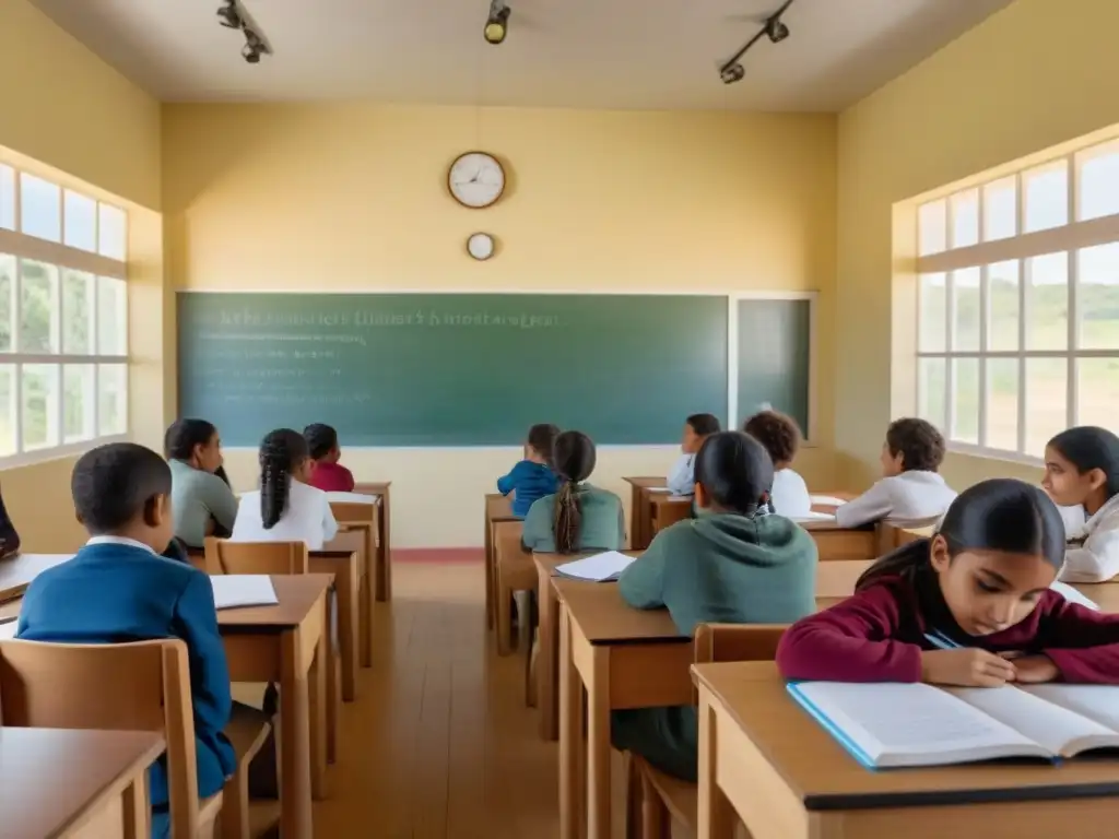 Vibrante aula en Uruguay con Enseñanza de idiomas con Suggestopedia, iluminada por luz natural