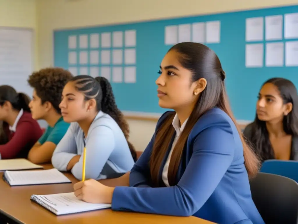 Vibrante aula en Uruguay: estudiantes diversos debaten con entusiasmo, reflejando interseccionalidad en educación