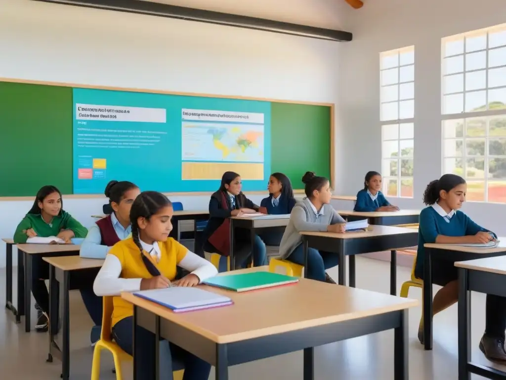 Vibrante aula en Uruguay con estudiantes participando en actividades educativas interactivas