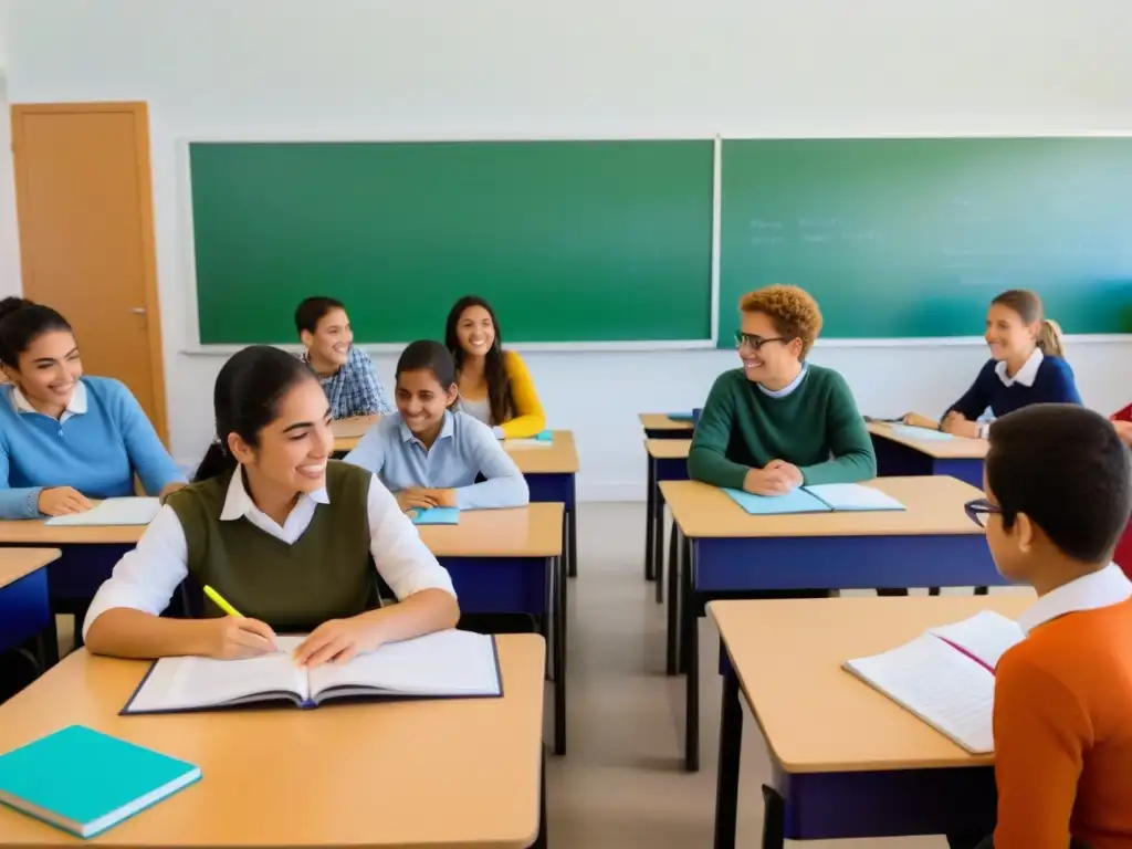 Un vibrante aula de inmersión lingüística en Uruguay, donde estudiantes diversos participan activamente en actividades de aprendizaje