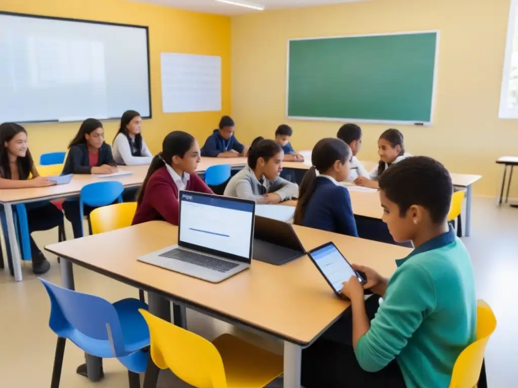 Vibrante aula en Uruguay con estudiantes colaborando en Aprendizaje Basado en Proyectos