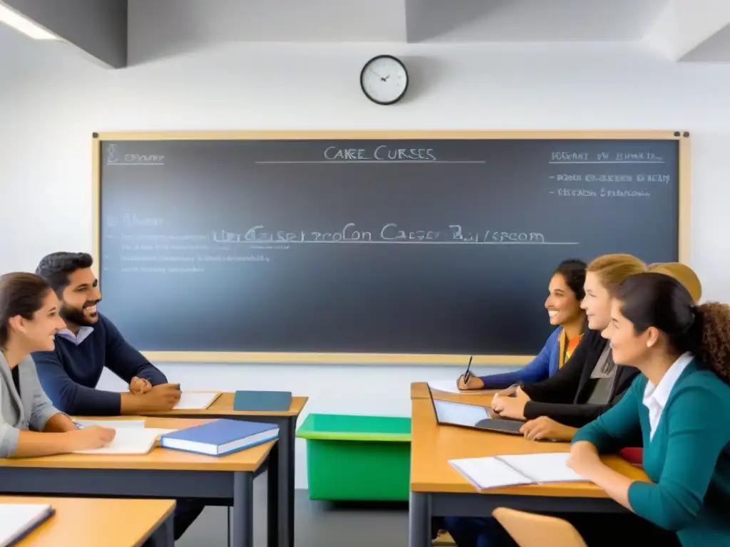 Vibrante aula en Uruguay con estudiantes diversificados, colaborando y aprendiendo en las mejores carreras cortas