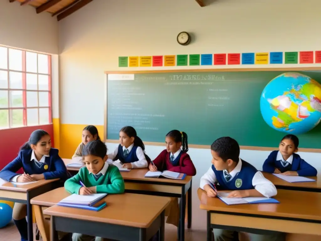 Vibrante aula con estudiantes diversos en lección bilingüe, decorada con carteles educativos y luz natural