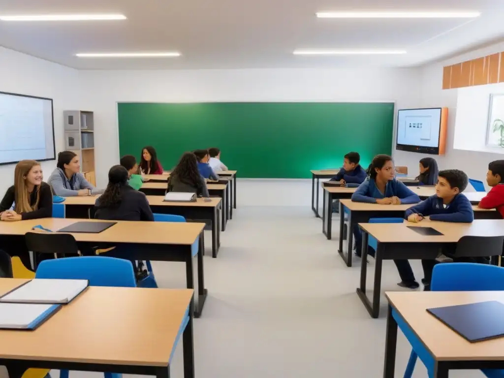 Vibrante aula en Uruguay con estudiantes de diferentes edades y etnias inmersos en un proyecto STEAM educativo