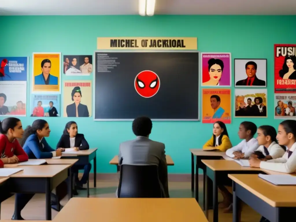 Vibrante aula en Uruguay con estudiantes debatiendo sobre íconos de cultura pop, rodeados de posters de Michael Jackson y Frida Kahlo