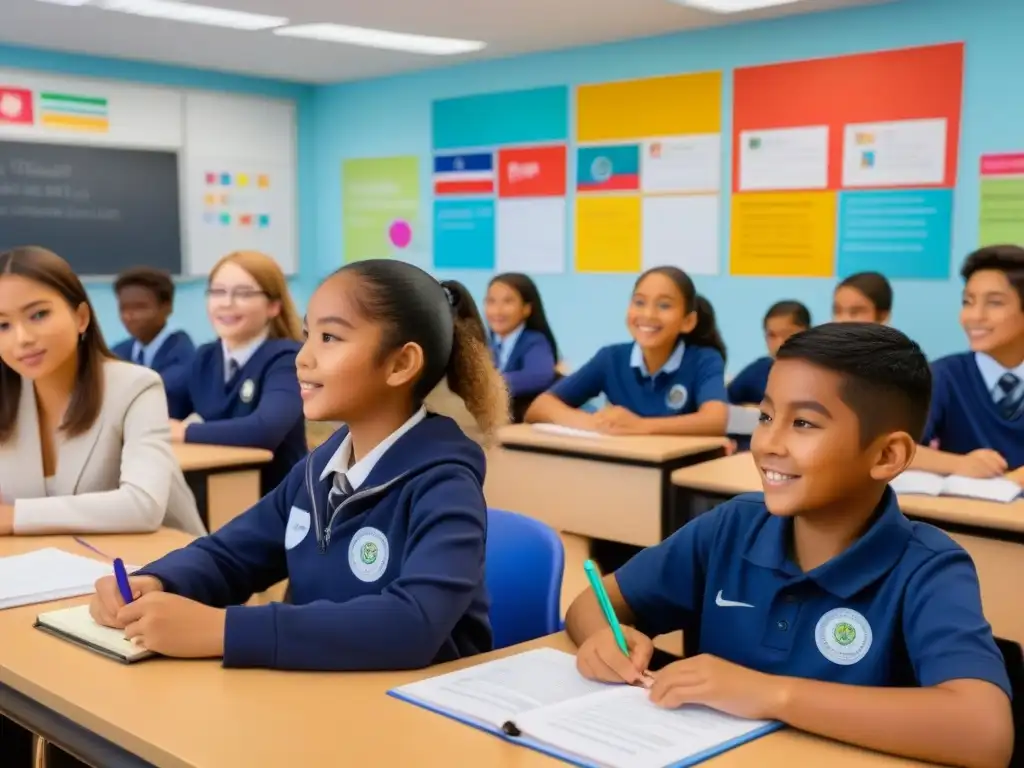 Vibrante aula de educación bilingüe en Uruguay, con estudiantes diversos inmersos en el aprendizaje intercultural