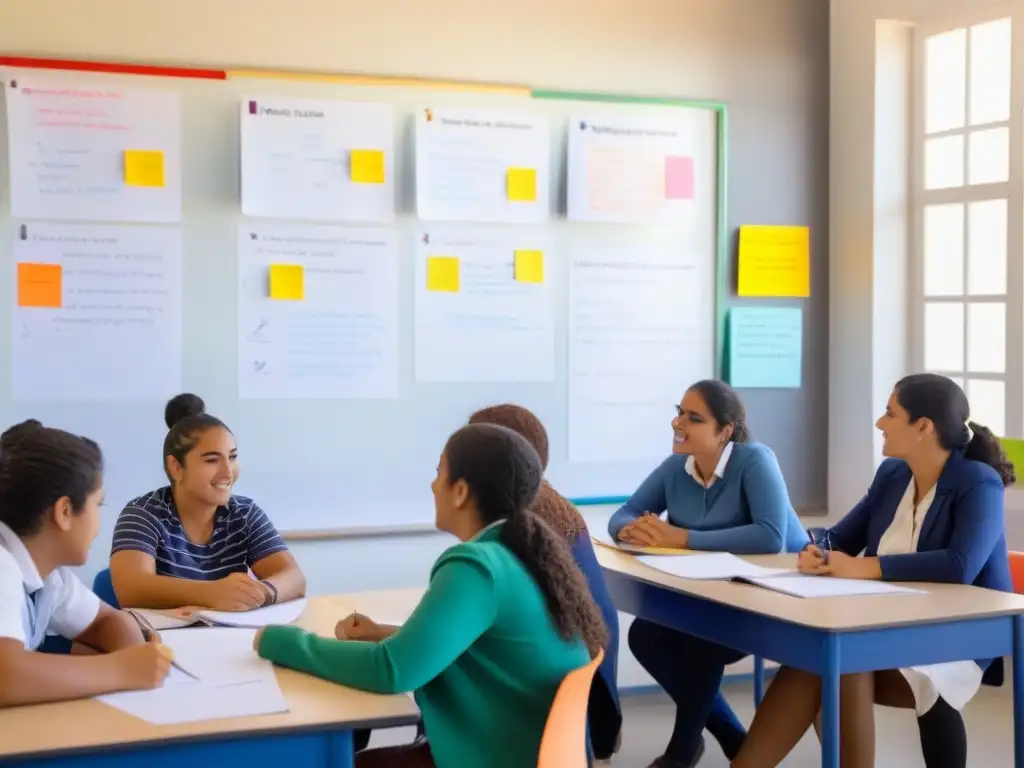 Aula vibrante en Uruguay: estudiantes participando en discusión grupal Vibrante aula en Uruguay con estudiantes aplicando técnicas de pensamiento crítico creativo