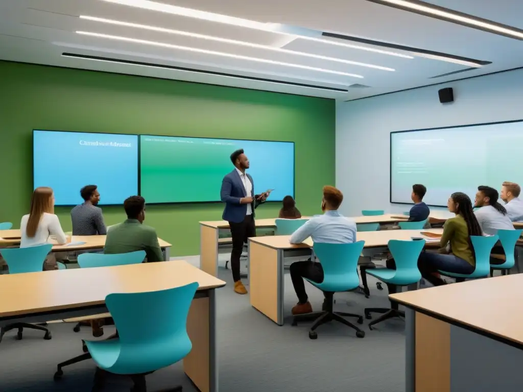 Vibrante aula moderna de startup educativa en Uruguay, con estudiantes diversos atentos a profesor
