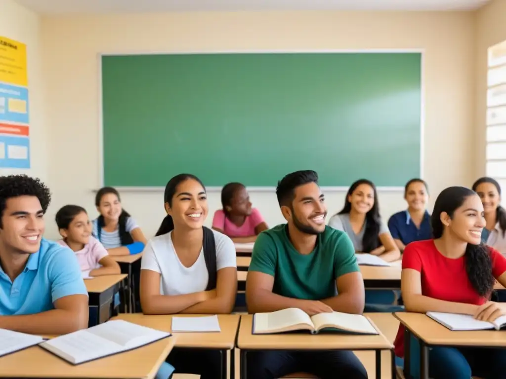 Vibrante aula de programas bilingües educación Uruguay, con estudiantes diversos participando activamente en intercambio de idiomas