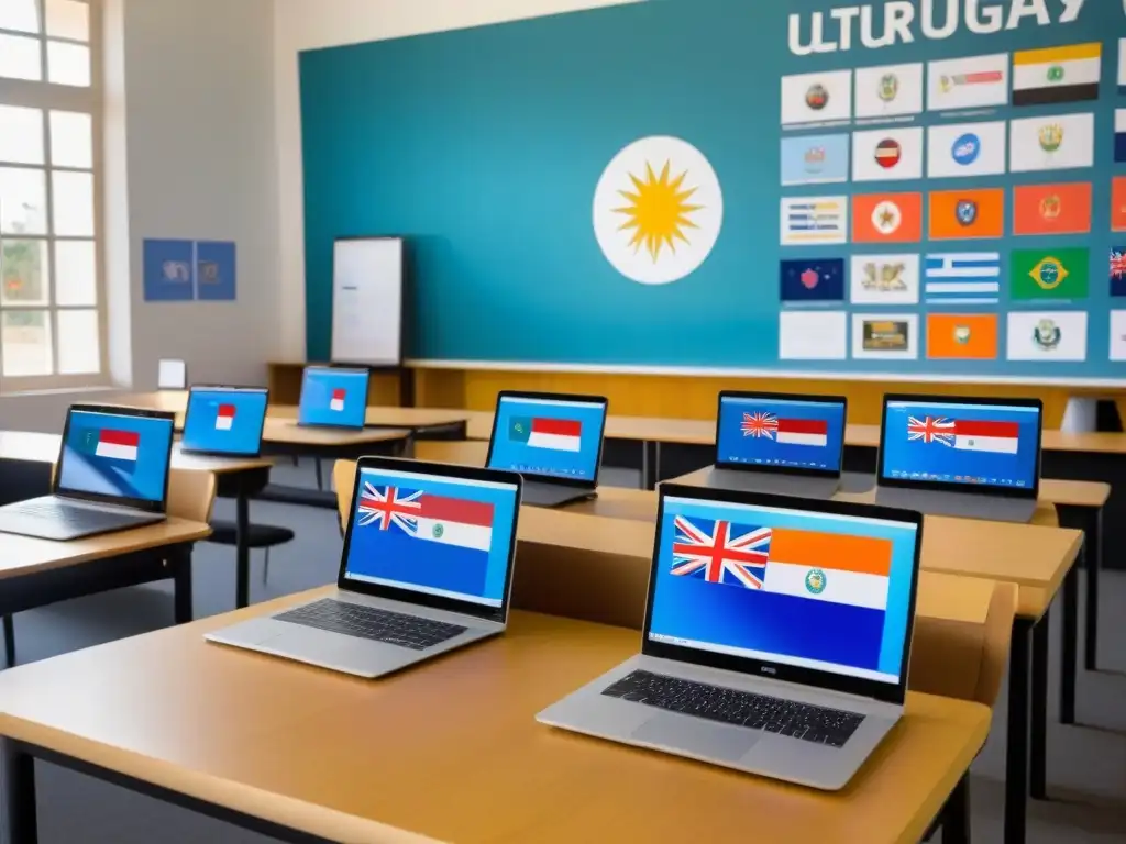 Vibrante aula en Uruguay con software educativo open source, alumnos colaborativos y bandera uruguaya