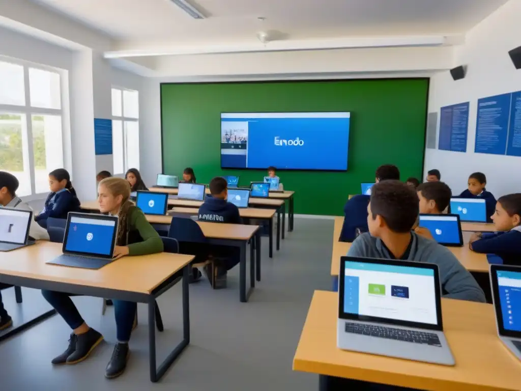 Vibrante aula en Uruguay con Edmodo en educación, estudiantes colaborando con tecnología