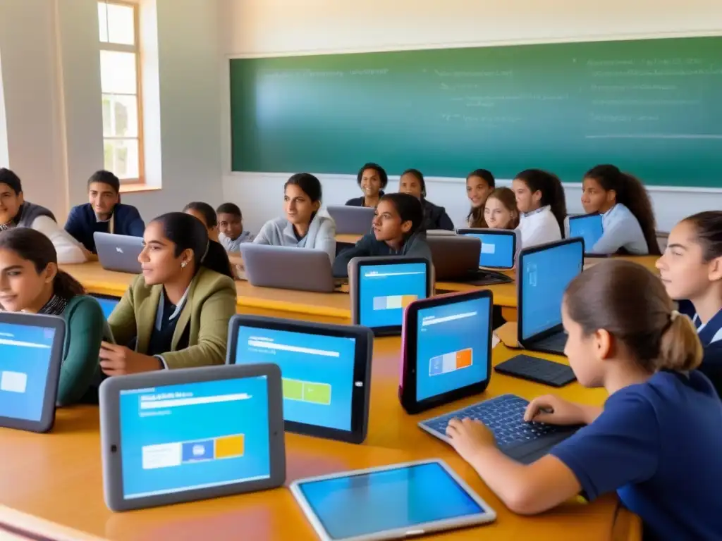 Vibrante aula en Uruguay con tecnologías educativas e innovación, alumnos de diversas edades usando tablets y laptops