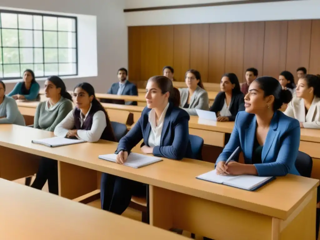 Vibrante aula universitaria en Uruguay, con diversidad de estudiantes atentos a la profesora