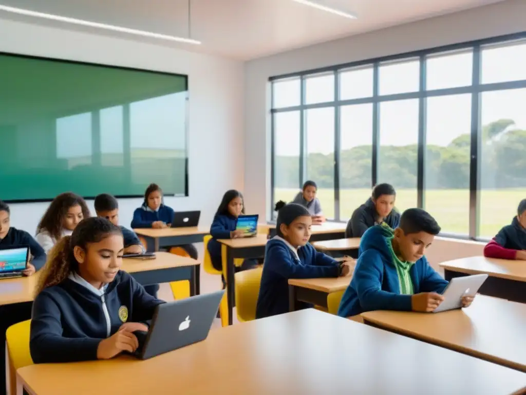 Vibrante aula en Uruguay con videojuegos educativos, alumnos colaborando y maestra brindando apoyo