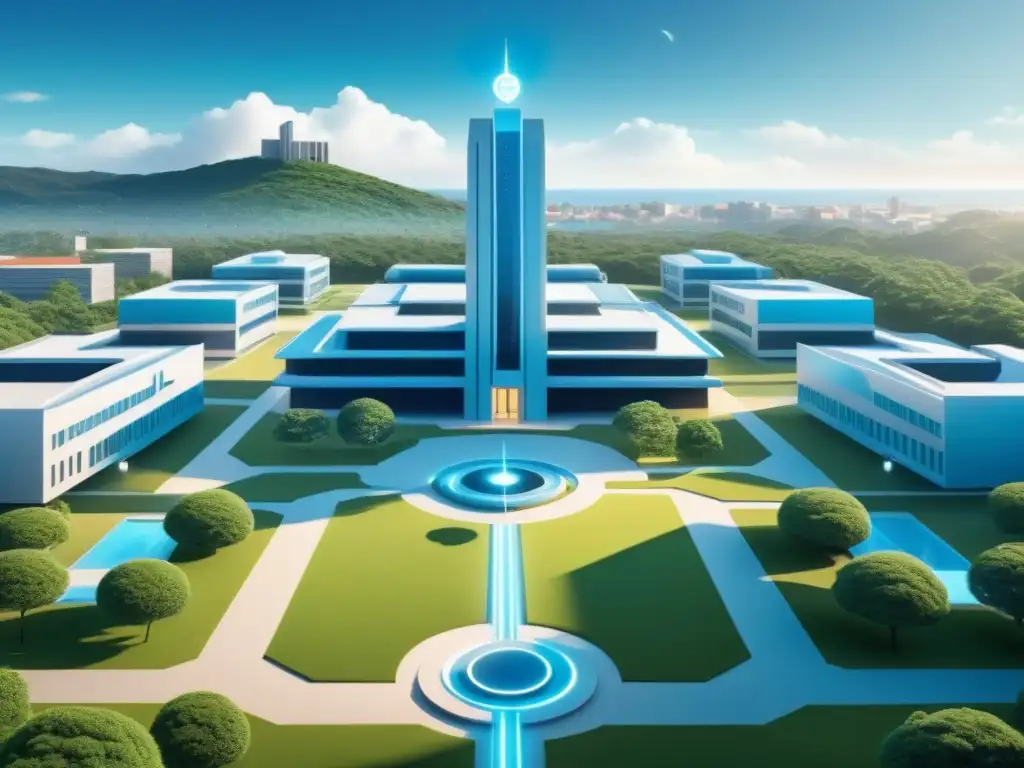 Universidad futurista en Uruguay: armonía entre tradición y tecnología Vibrante campus universitario en Uruguay con elementos futuristas y plataformas educativas Blockchain