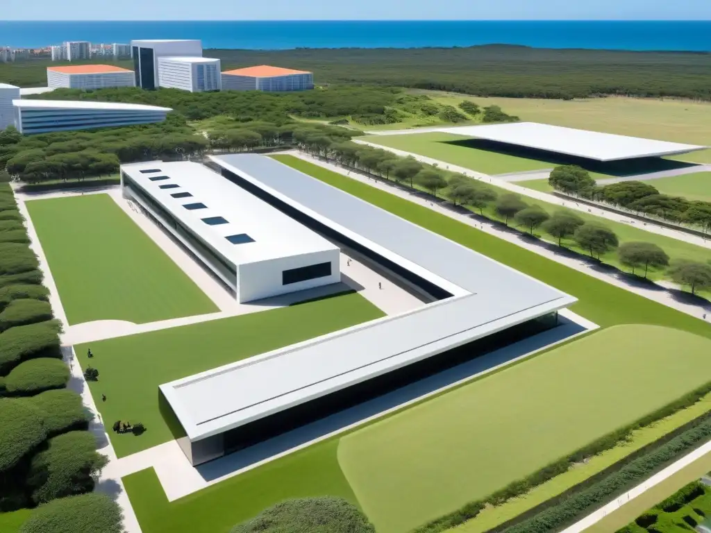 Vibrante campus universitario en Uruguay, resalta modernidad y excelencia académica bajo cielos azules