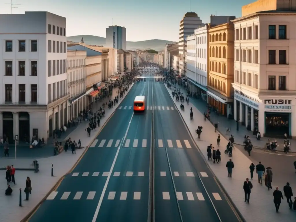 Vibrante ciudad de Uruguay con arquitectura moderna y gente en las calles, simbolizando la fusión de educación técnica y economía en Uruguay